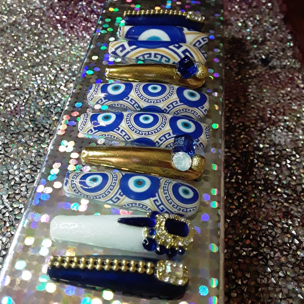 Handmade XXL Coffin Hard Gel "Evil Eye" Theme Greek symbol Press On Nails